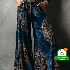 Blue Patterned Wide Leg Pants